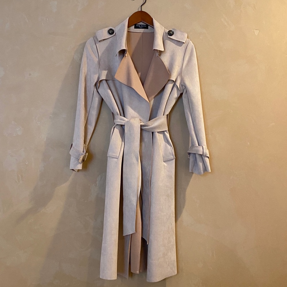 Few Moda New York Trench Coat Faux Suede Blush Pink w/ Tie Belt XS